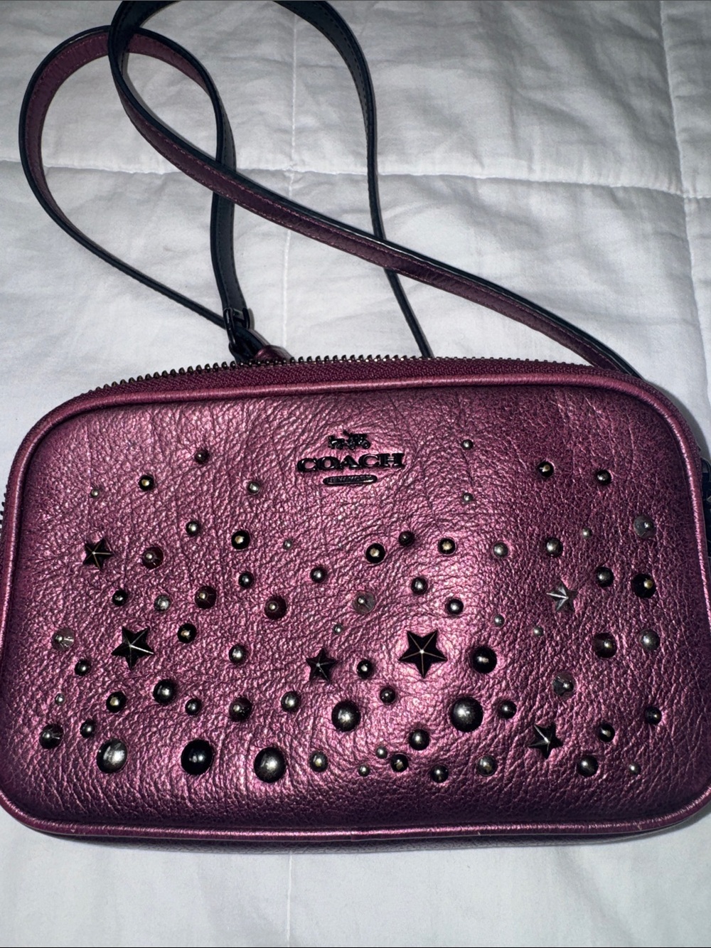 COACH Metallic Plum Star & Stud Leather Crossbody - Picture 1 of 13